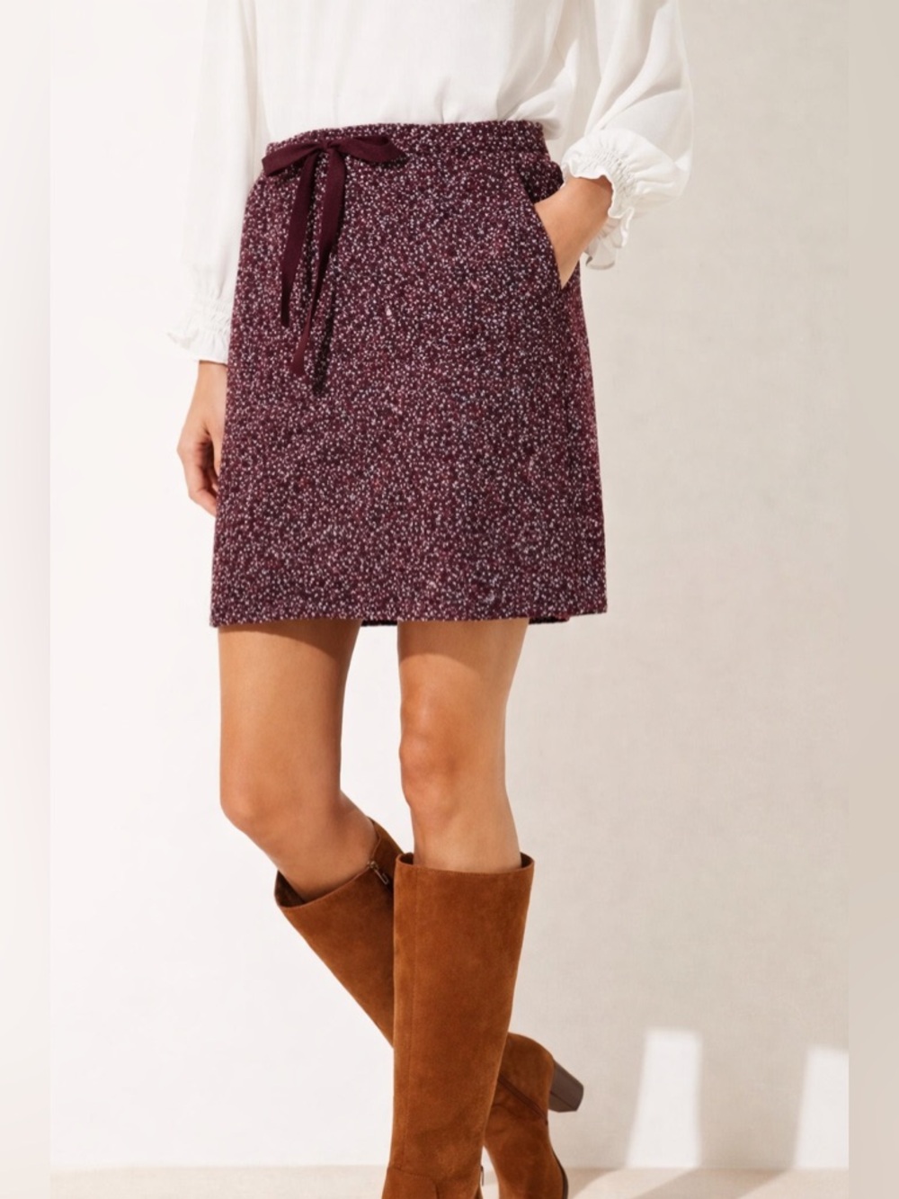 Loft Boucle Knit Tweed Drawstring Burgundy Skirt Medium